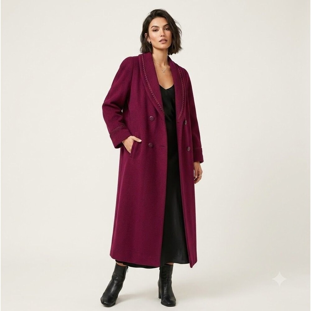 VTG Alorna Wool Dress Coat Womens Sz XL Burgundy Double Breasted Braided Trim